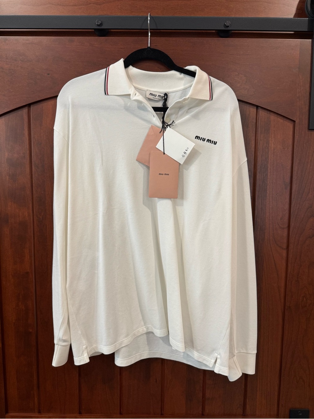 NWT Miu Miu Cream Long-Sleeve Polo with Contrast Collar Trim